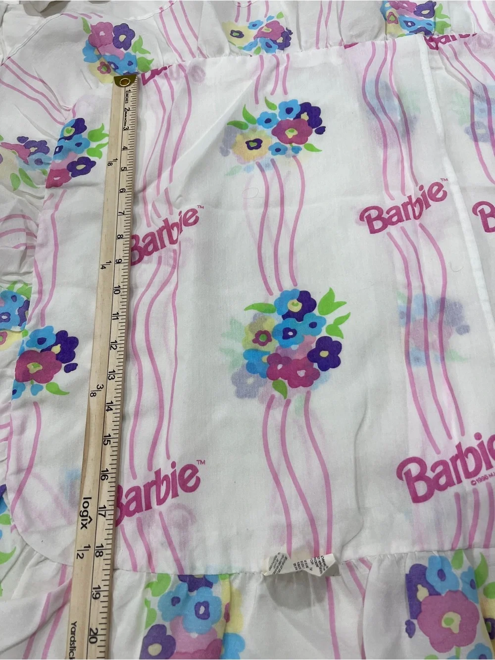 Vintage 1995 Barbie Pillow Sham Floral Pink Ruffle Bedding Made USA 27x19